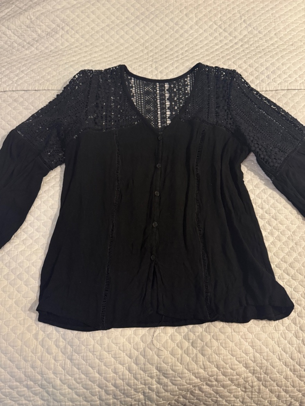 Black Crochet Yoke Button-Front Women's Top